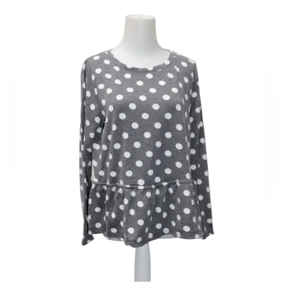 Francesca's Size Medium Gray Polka Dot Peplum Top. - Picture 2 of 6